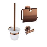 Fortifura Calvi Toiletset 3-delig - toiletrolhouder met klep - toiletborstel - handdoekhaak dubbel rond - Geborsteld koper PVD (Koper) SW1183148 SW1211596 SW970052