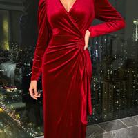 Bon&Bon Burgundy Velvet Wrap Dress - Elegant Long Sleeve Midi Red / S