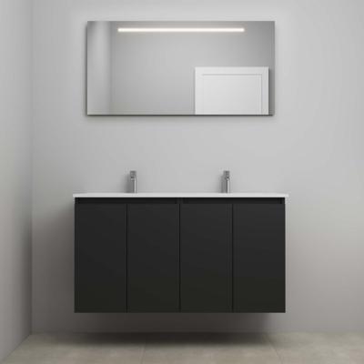 On-Line Badkamermeubelset - 120 cm - Bouwpakket - Greeploos 4 Deuren - Porseleinen Wastafel - 2 Kraangaten - Spiegel met LED-Verlichting - Mat Zwart