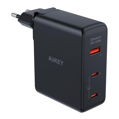 Aukey 3-Port 140W PD Wall Charger with GaN Power Tech, zwart
