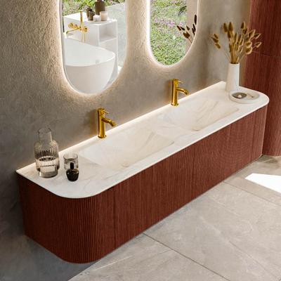 Badmeubel Mondiaz Kurve-Dlux | 180 cm cm | Meubelkleur Ruby | Wastafelkleur Ostra | Solid surface | Wasbak beiden zijden spoelbak | 2 kraangaten