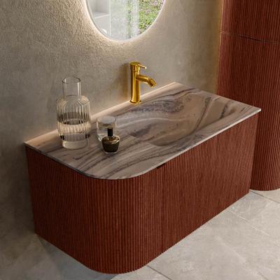 Badmeubel Mondiaz Kurve-Dlux | 85 cm | Meubelkleur Ruby | Wastafelkleur Sombra | Solid surface | Wasbak rechter zijde spoelbak | 1 kraangat