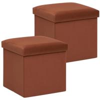 Poef/krukje/hocker Amber - 2x - Opvouwbare zit opslag box - fluweel roest bruin - D38 x H38 cm