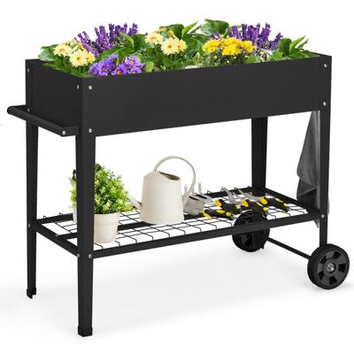 Metalen Verhoogd Bed met Opslag & 2 Wielen & Haken & Handvat Verhoogde Tuinbed Plantenbak Zwart