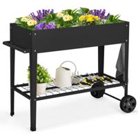 Metalen Verhoogd Bed met Opslag & 2 Wielen & Haken & Handvat Verhoogde Tuinbed Plantenbak Zwart