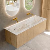 Badmeubel Mondiaz Kurve-Dlux | 130 cm | Meubelkleur Oak | Wastafelkleur Glace | Solid surface | Dubbele spoelbak | Zonder kraangat(en)