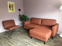 Leren 3-zits bank met stalen poten - met hocker - bruin leer - Echt leer, Modern, ontdek de vele Leersoorten en Kleuren bij ShopX
