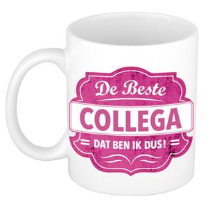 De beste collega dat ben ik dus cadeau mok / beker wit met roze embleem 300 ml