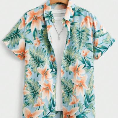 Bon&Bon Men's Tropical Plant Print Short Sleeve Beach Shirt | Baby Blue M