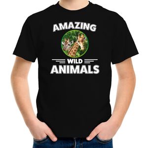 T-shirt giraffen amazing wild animals / dieren zwart voor kinderen XL (158-164)  -