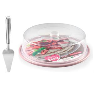 Taart/gebakjes bewaardoos - rond - roze bodem - met taartschep rvs 27 cm