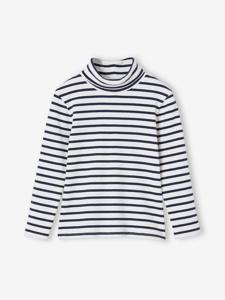 T-shirt met rolkraag van ribstof meisjes blauw, gestreept