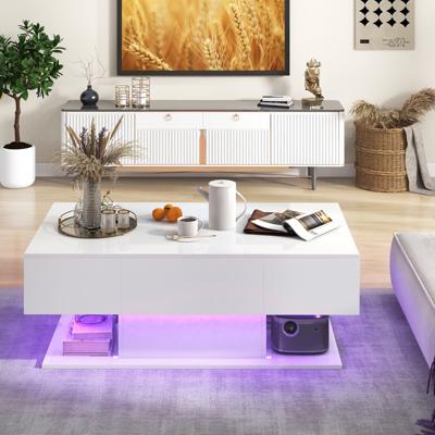Moderne LED Salontafel Bijzettafel met 2 Niveaus met 20 Gekleurde LED-Lampjes en 2 Opbergladen Rechthoekige Centrale Tafel Wit
