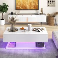 Moderne LED Salontafel Bijzettafel met 2 Niveaus met 20 Gekleurde LED-Lampjes en 2 Opbergladen Rechthoekige Centrale Tafel Wit