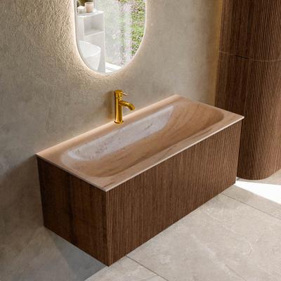 Badmeubel Mondiaz Kurve-Dlux | 100 cm | Meubelkleur Walnut | Wastafelkleur Saba | Solid surface | Wasbak midden spoelbak | 1 kraangat