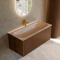 Badmeubel Mondiaz Kurve-Dlux | 100 cm | Meubelkleur Walnut | Wastafelkleur Saba | Solid surface | Wasbak midden spoelbak | 1 kraangat