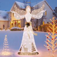 150 cm Verlichte Kerstengelen Voorverlichte 3D-Glinsterende Engelen met 100 Warmwitte Lichtjes Halo Strik Grondanker Kerstdecoratie