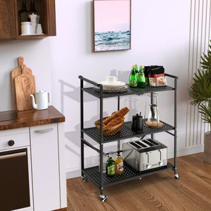 Serveerwagen Inklapbaar Keukenwagen met 4 Wielen 2 Vergrendelbaar Metalen Rek met 3 Etages Multifunctionele Trolley