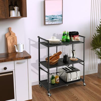 Serveerwagen Inklapbaar Keukenwagen met 4 Wielen 2 Vergrendelbaar Metalen Rek met 3 Etages Multifunctionele Trolley