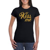 Kiss me goud tekst t-shirt zwart dames kus me - Glitter en Glamour goud party kleding shirt 2XL  -