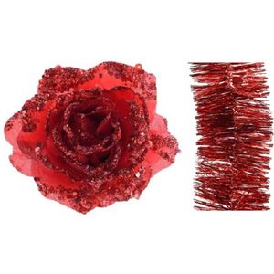 Kerstversiering kunststof glitter bloemen op clip 14 cm en folieslingers pakket kerst rood 5x stuks