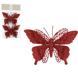 House of Seasons vlinders op clip - 2x stuks - rood glitter - 16 cm   -