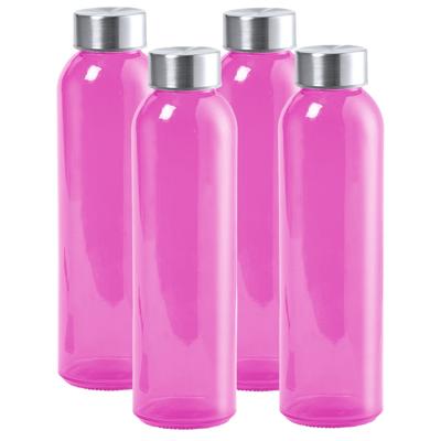 4x Stuks glazen waterfles/drinkfles fuchsia roze transparant met Rvs dop 550 ml