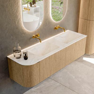 Badmeubel Mondiaz Kurve-Dlux | 155 cm | Meubelkleur Oak | Wastafelkleur Ostra | Solid surface | Dubbele spoelbak | Zonder kraangat(en)