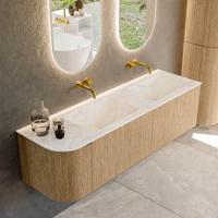 Badmeubel Mondiaz Kurve-Dlux | 155 cm | Meubelkleur Oak | Wastafelkleur Ostra | Solid surface | Dubbele spoelbak | Zonder kraangat(en)