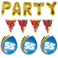 Verjaardag feestversiering 55 jaar PARTY letters en 16x ballonnen met 2x plastic vlaggetjes - thumbnail