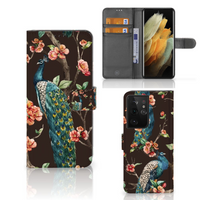 Samsung Galaxy S21 Ultra Telefoonhoesje met Pasjes Pauw met Bloemen - thumbnail