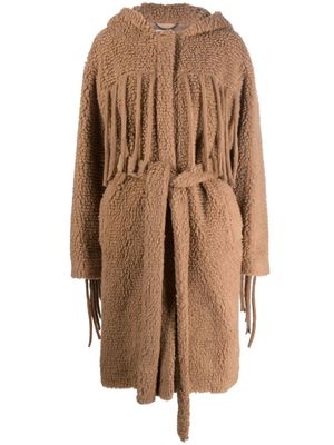 Stella McCartney manteau ceinturé teddy à franges - Marron