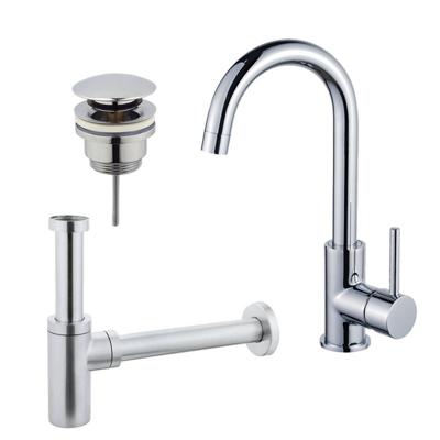 Fortifura Calvi Wastafelkraanset - hoge wastafelkraan - draaibare uitloop - klikwaste plug - design sifon - Chroom SW809346/SW696203/SW696214