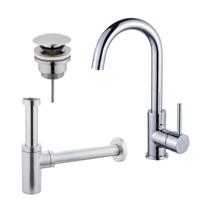 Fortifura Calvi Wastafelkraanset - hoge wastafelkraan - draaibare uitloop - klikwaste plug - design sifon - Chroom SW809346/SW696203/SW696214