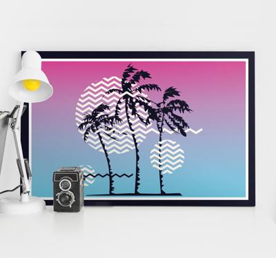 Vintage canvas schilderij Retro zonsondergang palmbomen