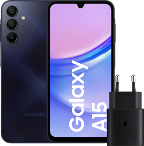 Samsung Galaxy A15 128GB Donkerblauw 5G + Samsung Oplader 25 Watt Zwart