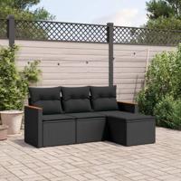 4-delige Loungeset met kussens poly rattan zwart