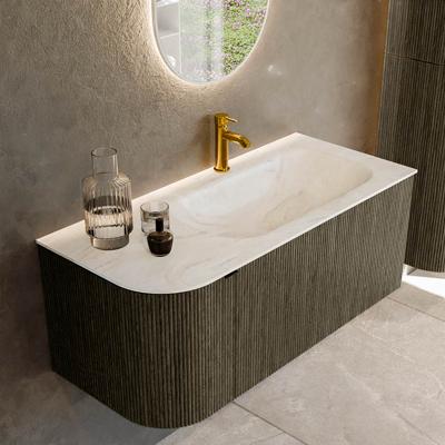 Badmeubel Mondiaz Kurve-Dlux | 105 cm cm | Meubelkleur Shadow | Wastafelkleur Ostra | Solid surface | Wasbak rechter zijde spoelbak | 1 kraangat
