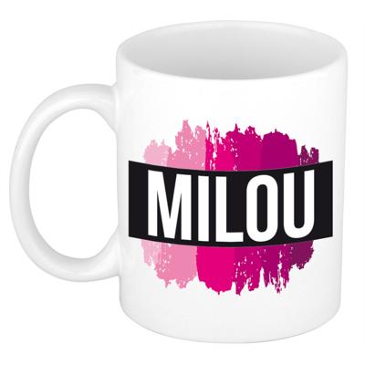 Milou naam cadeau koffie mok - beker - met roze verfstrepen - Cadeau collega - moederdag