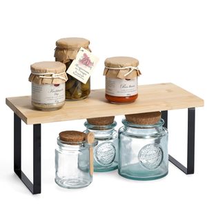 Keukenrek/opbergrek/aanrecht organizer - 36 x 16 x 16 cm - zwart - metaal/bamboe hout