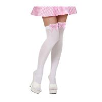 Kniekousen - wit met roze strik - dames - Oktoberfest - Tiroler - verkleed sokken - one size - thumbnail