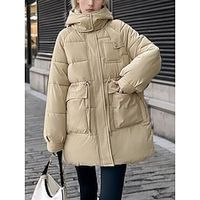 Dames Pufferjas Winterjas Winddicht Houd Warm Straat Alledaagse kleding Vakantie Uitgaan Trekkoord Met zakken Rits Capuchon Street Style Effen Kleur Normale pasvorm bovenkleding Lange mouw Herfst Lightinthebox