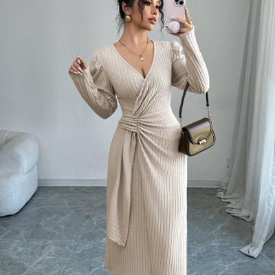 Bon&Bon Burgundy Velvet Wrap Dress - Elegant Long Sleeve Midi Apricot / L