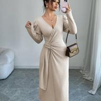 Bon&Bon Burgundy Velvet Wrap Dress - Elegant Long Sleeve Midi Apricot / L