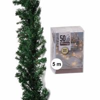 Dennenslinger/dennen guirlande groen 270 cm met warm witte verlichting - Kerstslingers - thumbnail