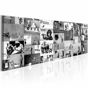 Schilderij - Collage Banksy Zwart-Wit 150X50cm