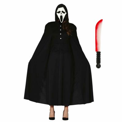 Carnaval Halloween verkleedkleding set - Scream masker - Cape met capuchon zwart - Groot mes