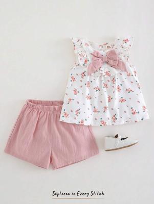 Bon&Bon 2pcs/Set Baby Girl Ditsy Floral Bow Decor Ruffle Trim Top & Shorts Set Baby Girl Summer Clothes Toddler Girl Outfits 2 Piece Baby Girl Set Baby Girl Floral Set Vintage Baby Girl Clothes Multicolor / 0-1M