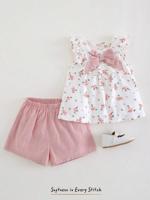 Bon&Bon 2pcs/Set Baby Girl Ditsy Floral Bow Decor Ruffle Trim Top & Shorts Set Baby Girl Summer Clothes Toddler Girl Outfits 2 Piece Baby Girl Set Baby Girl Floral Set Vintage Baby Girl Clothes Multicolor / 0-1M