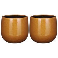 2x Stuks Plantenpot/bloempot keramiek okergeel speels licht gevlekt patroon - D21/H19 cm